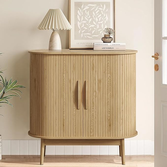 31" Small Sideboard Buffet Cabinet with Storage, Sliding Doors, Wooden Narrow Accent Storage Cabinet, Modern Buffet Table for Kitchen, Living Room (Wood)