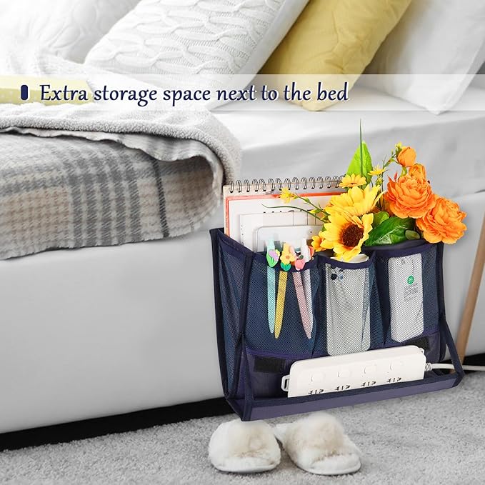 Bedside Storage Organizer with Power Strip Holder and Adjustable Straps Bed Hanging Bag for Home Bunk Bed Dorm Sofa (Navy Blue)-NeatNest