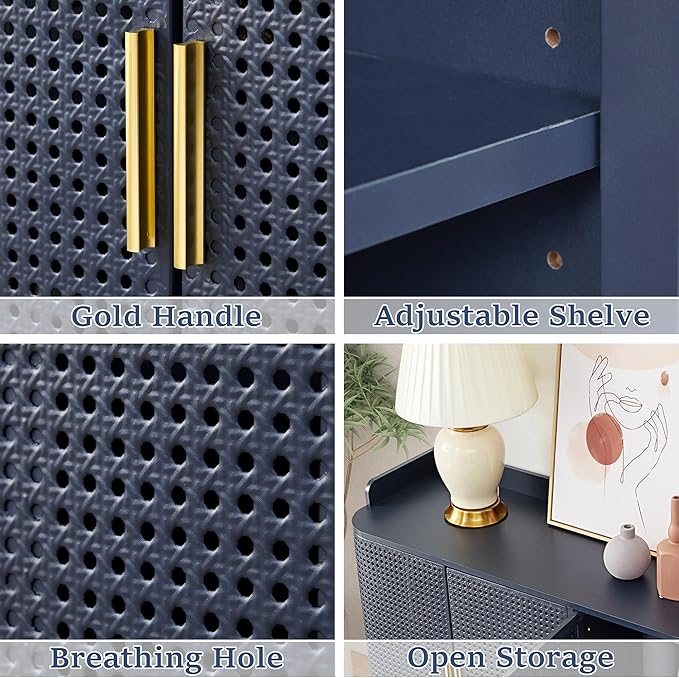 4 Doors Storage Cabinet, 2 Tier Wooden Storage Organizer Cabinet with Adjustable Shelf, Sideboard Buffet Cabinets with Iron Curved Doors Accent Shoe Rack for Entryway Hallway Living Room (Blue)-NeatNest