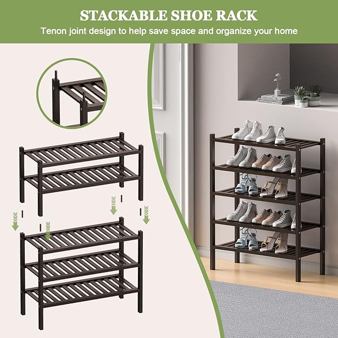 2 Tier (Thick) Bamboo Shoe Rack for Closet Free Standing Wood Shoe Shelf for Entryway Small Space Stackable 27"x12"x14" (Black Brown)-NeatNest
