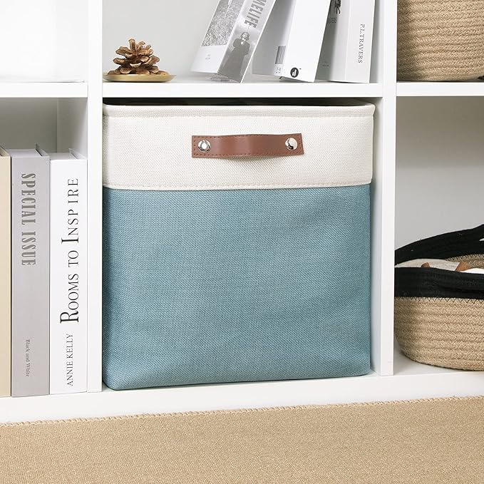 DULLEMELO Cube Basket for Storage, Collapsible Fabric Cube for Organizing, Storage Cube for Closet, Laundry, Nursery, Shelves, Decorative Basket for Gifts Empty (White&Teal)-NeatNest