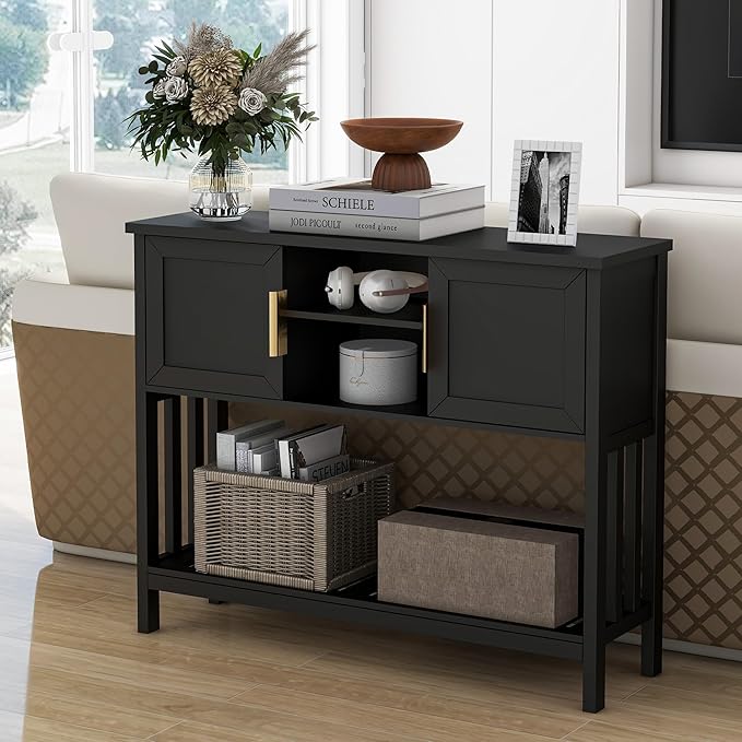 Entryway Console Table with 2 Doors & Storage & Shelf, Sofa Table Entrance Entry Way Table, Hallway Foyer Behind Couch Table (Black with 2 Doors)-NeatNest