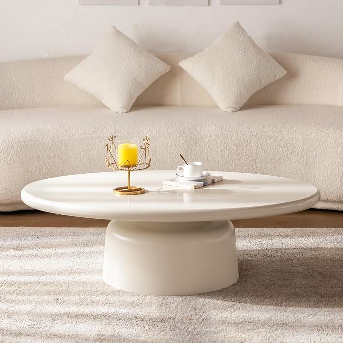 Creamy White Oval Coffee Table 45.6" Cute Corner Center Tables with Sturdy Pedesta Modern Wood Tea Table Low Floor Tables for Living Room Bedroom Easy Assembly,Oval Table-NeatNest