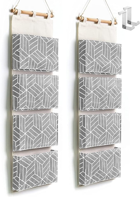 CROWNED 2Pcs Over Door Hanging Storage Bags Wall Mount Closet Organizer, 4 Big Pockets Linen Cotton Fabric Multi Functional Living Room Bedroom Bathroom File Magazine Waterproof Free Hooks Grey-NeatNest