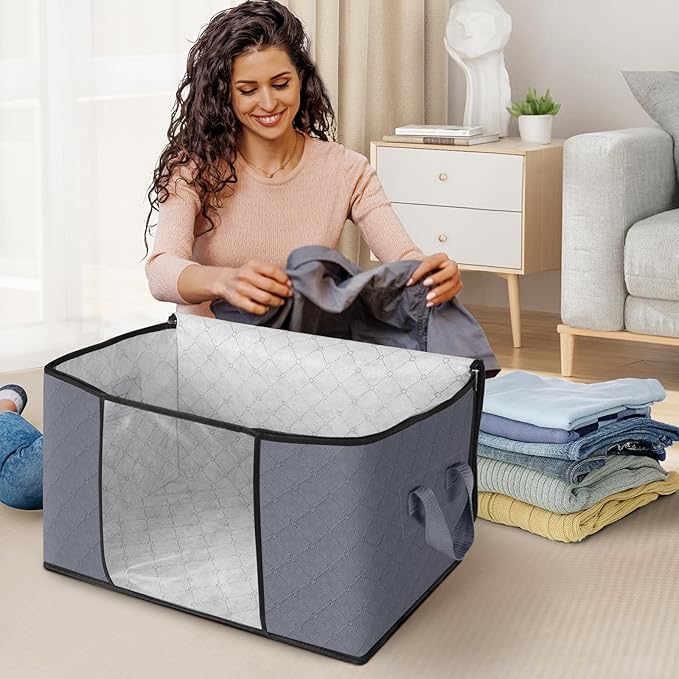 Fab totes 8 Pack Clothes Storage, Foldable Thick Fabric Blanket Storage Bags, Containers for Organizing Bedroom, Closet, Clothing, Comforter,Closet Organization with Handle,Grey-NeatNest