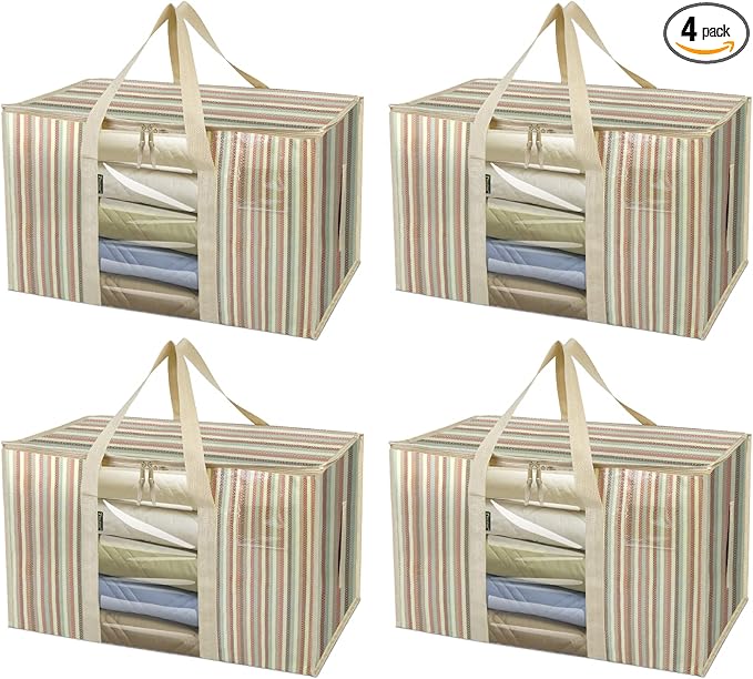 BALEINE 4-Pack Oversized Moving Bags with Reinforced Handles, Heavy-Duty Storage Tote for Clothes, Moving Supplies (Color Stripe with Window, 4-Pack)-NeatNest
