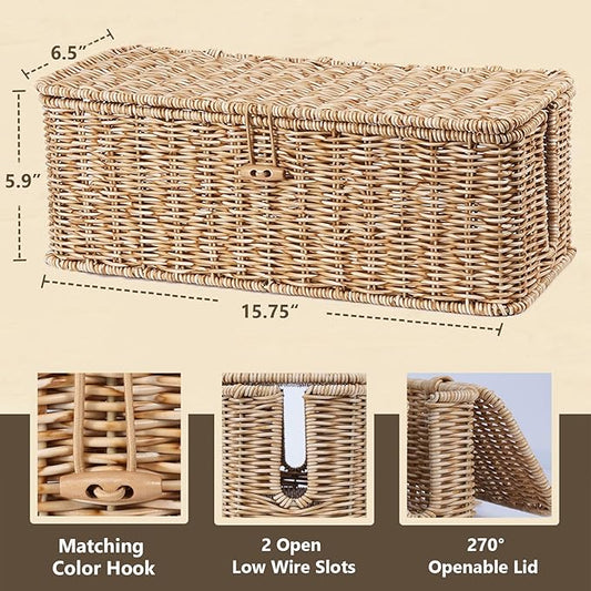 BROWNLILY Cable Management Box, Rattan Style Cord Organizer for Desk Cord Hider Outlet Covers Baby Proofing for Power Strip TV PC Router Charger Under Desk Storage with Lockable Lid and Cable Ties-NeatNest