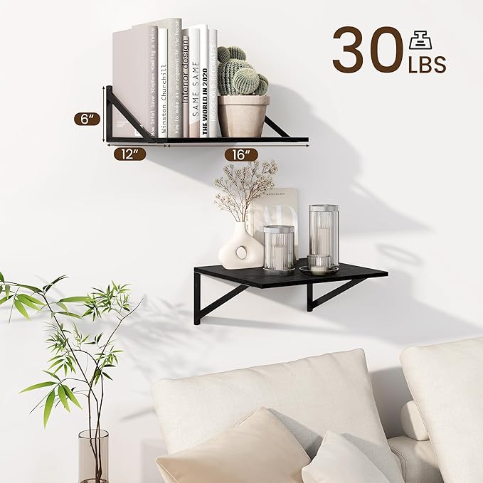 Fun Memories Floating Shelves for Wall, 12 Inch Deep Floating Shelves Set of 2, 16W x 12D Large Wall Shelf with Sturdy Metal Brackets for Living Room, Bathroom, Bedroom and Kitchen, Black-NeatNest