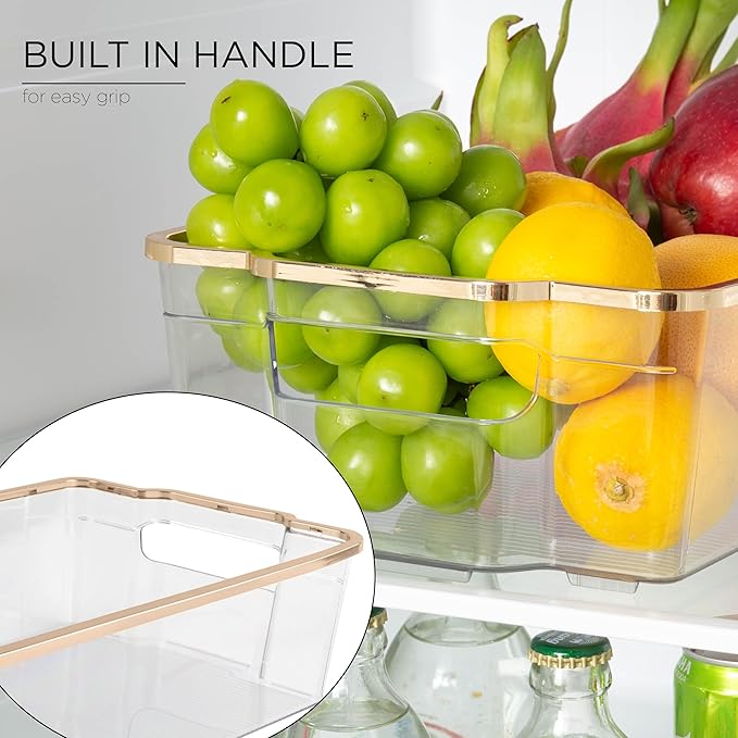 SIMPLEMADE Clear Refrigerator Organizer Bins - Clear Bins for Fridge, Containers for Fridge and Freezer, Multipurpose Storage for Kitchen, Office, Bathroom, Gold Rim (8.5" x 14.6")