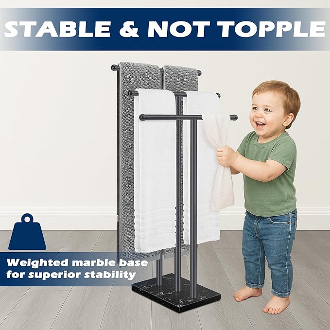 3-Tier Freestanding Towel Rack with Marble Base,Standing Tower Rack Fits Versatile Space,Stable Towel Racks for Bathroom, Matte Black Finish