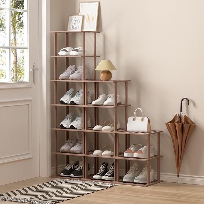 Bamboo Shoe Rack for Front Door Entrance, Brown Vertical Shoe Rack - Tall Narrow Shoe Rack Organizer for Small Spaces, Wooden Shoe Shelf for Closet and Entryway, Space Saving 7 Tier Stackable-NeatNest