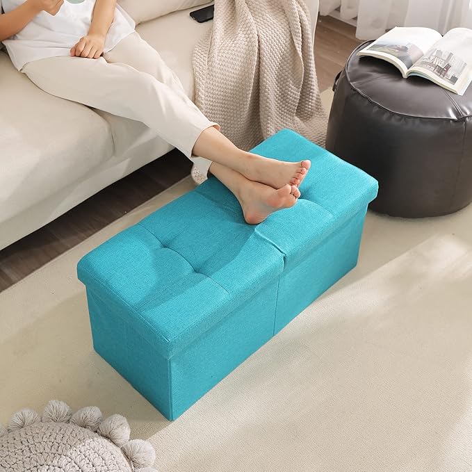 CUYOCA Storage Ottoman Bench Foldable Seat Footrest Shoe Bench End of Bed Storage with Flipping Lid, 75L Storage Space, 30 inches Linen Fabric Teal Blue-NeatNest