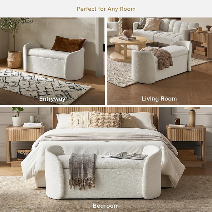 mopio Sophie 51" Ottoman Storage Bench, Entryway and Window Seating, End of Bed Curved Stool for King & Queen Bed, Storage Chest for Bedroom (Pearl White Boucle)