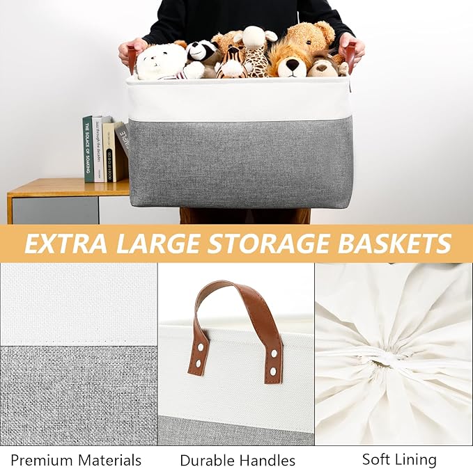 DULLEMELO Extra Large Storage Basket for Organizing, 70L Oversized Storage Bin Foldable Canvas Fabric Blanket Basket, 22" x 15" x 13" Large Kids Toy Basket Organizer with Handles (White&Grey)-NeatNest