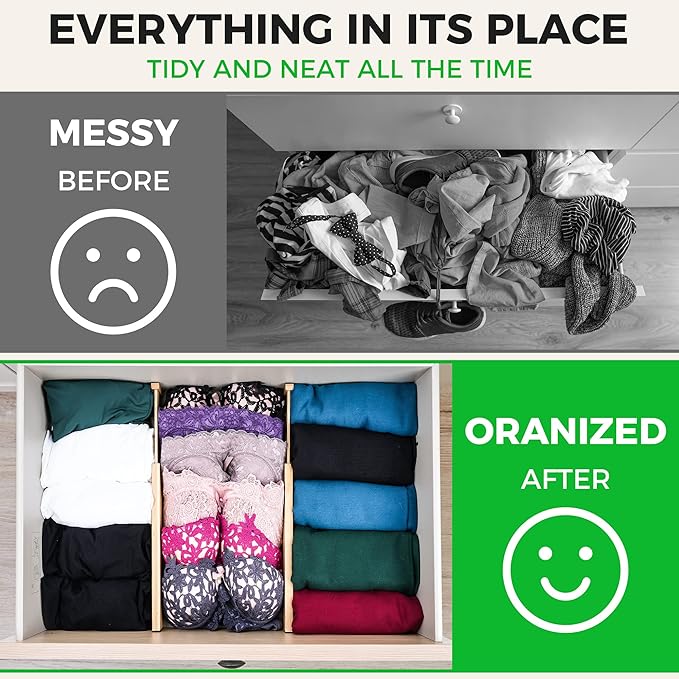 Bamboo Drawer Dividers Organizer with Inserts, Expandable from 12.5-21.7", Adjustable Drawer Organizer Separators for Utensils, Dresser, Bedroom, Bathroom, Closet, Clothing, Office (Beige)-NeatNest