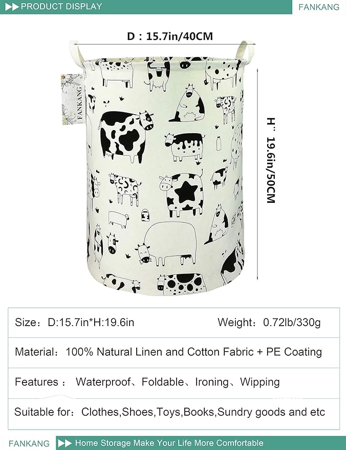 FANKANG Storage Basket, Nursery Hamper Canvas Laundry Basket Foldable with Waterproof PE Coating Large Storage Baskets for Kids Boys and Girls, Office, Bedroom, Clothes,Toys(Cows)
