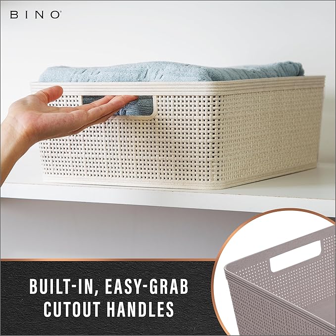 BINO | Woven Plastic Basket | Small (Natural Grey), 5-Pack | THE JUTE COLLECTION | Home Organization, Space - Saving Storage, Stylish Design | Jute Basket | Plastic Storage Basket-NeatNest
