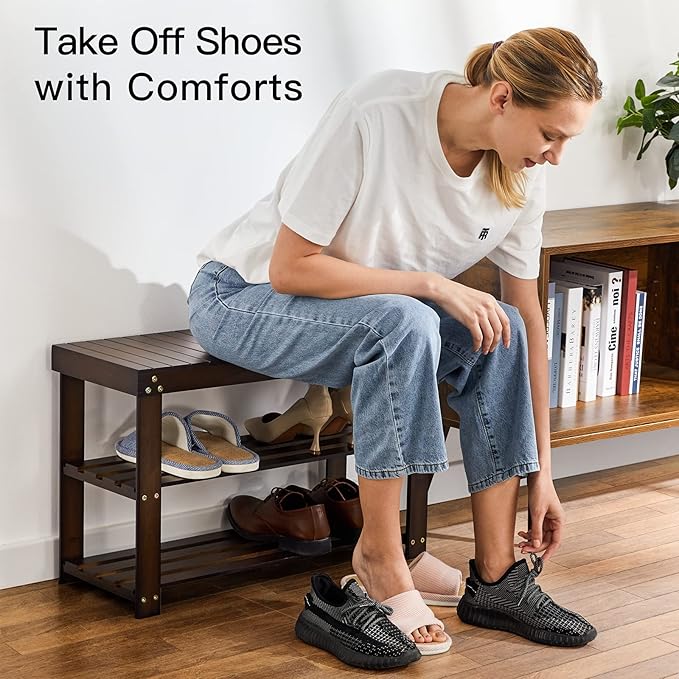Pipishell Bamboo Shoe Rack Bench, 3 Tier Sturdy Shoe Bench, Storage Shoe Organizer, Holds up to 300lbs for Entryway Bedroom Living Room Balcony, Brown-NeatNest