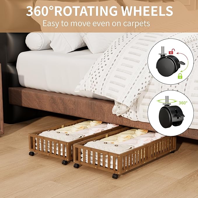 Bamboo Under Bed Storage with Wheels (2-Pack) – Rolling Underbed Shoe Organizer Box for Shoes, Blankets, Toys, Clothes Container Space-Saving Organizer Bins for Bedroom, Closet, Dorm, Nursery-NeatNest