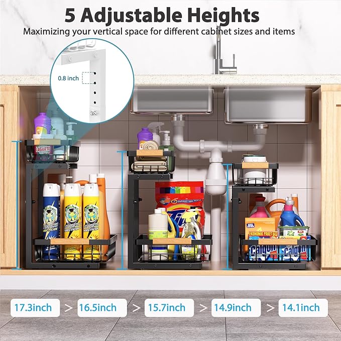 Under Sink Organizer Storage 1 pack, 2 Tier Slide Out Height Adjustable Pull Out Cabinet Organizer Drawers, Kitchen Bathroom Large Capacity Metal Under Sink Rack Caddy Basket Shelves, Black-NeatNest
