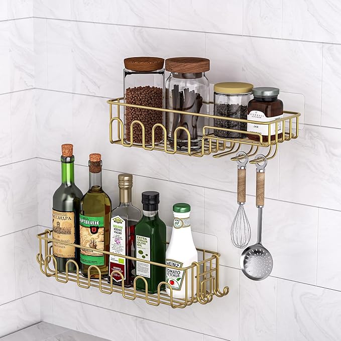 Adhesive Shower Caddy: 2 Bonus Hooks, 4-Pack Wall Mounted Bathroom Storage Shelf, Rustproof Metal Basket Organizer for Kitchen & Bathroom No Drill Gold