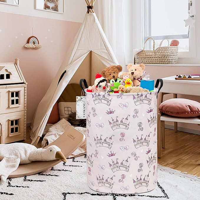 FANKANG Storage Basket, Nursery Hamper Canvas Laundry Basket Foldable with Waterproof PE Coating Large Storage Baskets for Kids Boys and Girls, Office, Bedroom, Clothes,Toys(Princess Castle)