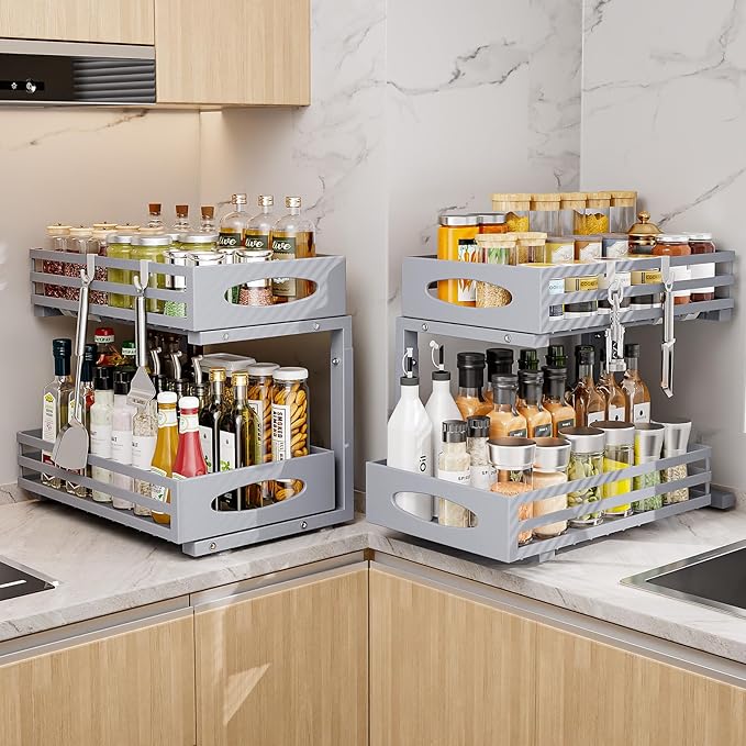 Under Sink Organizer, 2 Tier Under Sink Organizers and Storage, Adjustable Height, Slide Out Metal Cabinet Organizers, Pull Out Cabinet Storage Drawer Shelf for Kitchen Bathroom Gray, 2 Pack-NeatNest