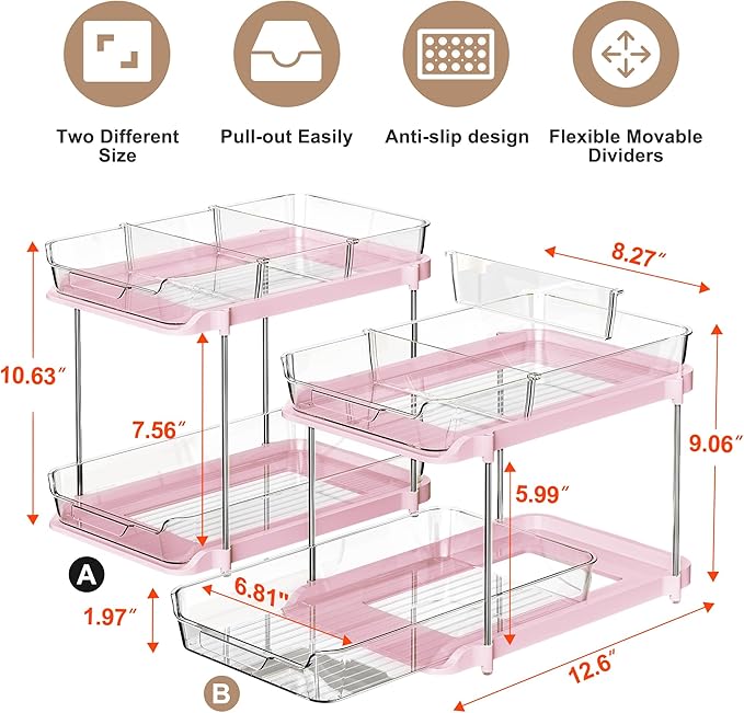 Delamu 2 Sets of 2-Tier Multi-Purpose Bathroom Under Sink Organizers and Storage, Stackable Kitchen Pantry Organization, Pull Out Medicine Cabinet Organizer with 8 Movable Dividers, Pink-NeatNest