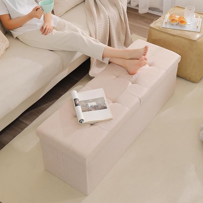 CUYOCA 45.3 Inches Storage Ottoman Bench Foldable Seat Footrest Shoe Bench End of Bed Storage with Flipping Lid, 166L Storage Space, Linen Fabric Brown-NeatNest