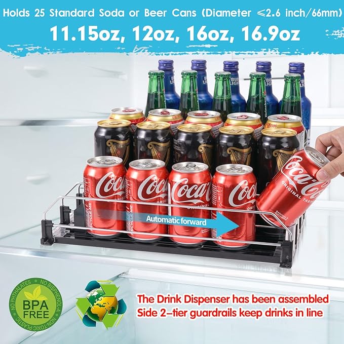 Drink Dispenser for Refrigerator, Self-Pushing Soda Can Organizer for Fridge, 5 Rows already Assembled, Automatic Can Dispenser with Spring Loaded for Refrigerator Holds 25 cans, Black