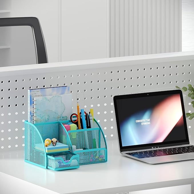 EasyPAG Mesh Desk Organizer, Multi-functional Stationery Organizer for School Supplies, Office Pen Holder for Desk, 6 Compartments Dorm Organization with Drawer, Blue