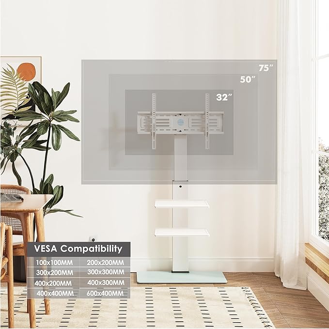 FITUEYES Floor TV Stand for 32-75 inch TV with Power Outlet, Tall TV Mount for Bedroom Living Room with Tempered Glass Base, TV Stand with Mount Holds Up to 88lbs MAX VESA 600x400mm,White-NeatNest
