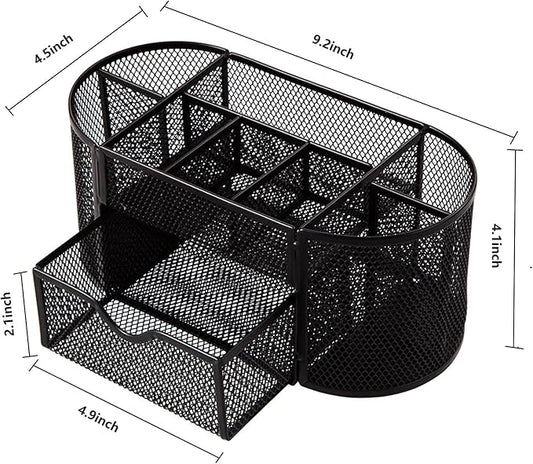 Comix Mesh Pen Pencil Holder Desk Organizer, 8 Compartment and 1 Drawer Wire Desktop Pen Pencil Cup Caddy Office Supplies Accessories for Home Office School, Black-NeatNest