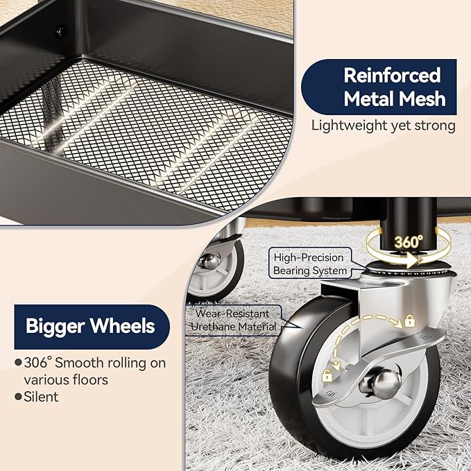 YASONIC 3 Tier Rolling Cart - Metal Utility Cart with Wheels, Hanging Cups, Hooks, Heavy Duty Mesh Rolling Storage Cart Organizer, Craft Cart for Kitchen Office, Lightweight and Sturdy