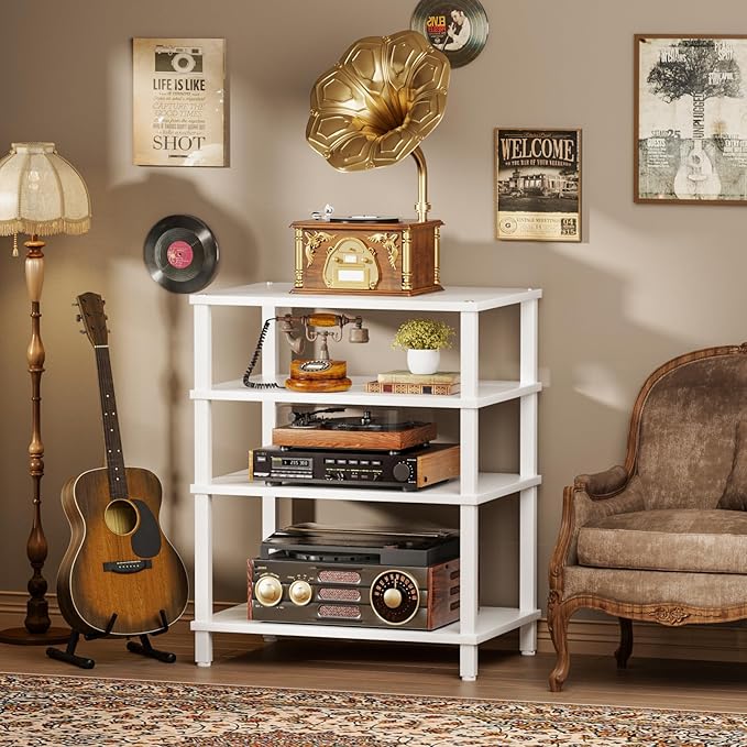 4-Tier AV Media Player Stand, White Stereo Cabinet, Modern Stereo Cabinet, Wooden TV Stand,Game Console Shelf, Multifunctional Entertainment Center, Suitable for Home, Conference Room, Game Studio,-NeatNest