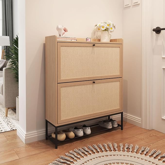 AVZEAR Narrow Shoe Storage Cabinet for Entryway with 2 Flip Drawers, Freestanding Shoe Cabinet with Natural Linen Panel, Slim Wood Shoe Organizer Closed Shoe Rack for Hallway, Foyer(Natural)-NeatNest