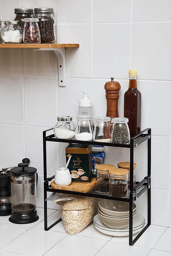 2 Pack Kitchen Cabinet Shelf Counter Organizer Rack Pantry Storage Bathroom Bedroom Office Table Desk Space Saving Steel Frame Stackable Rust Resistant Non Slip Black-NeatNest