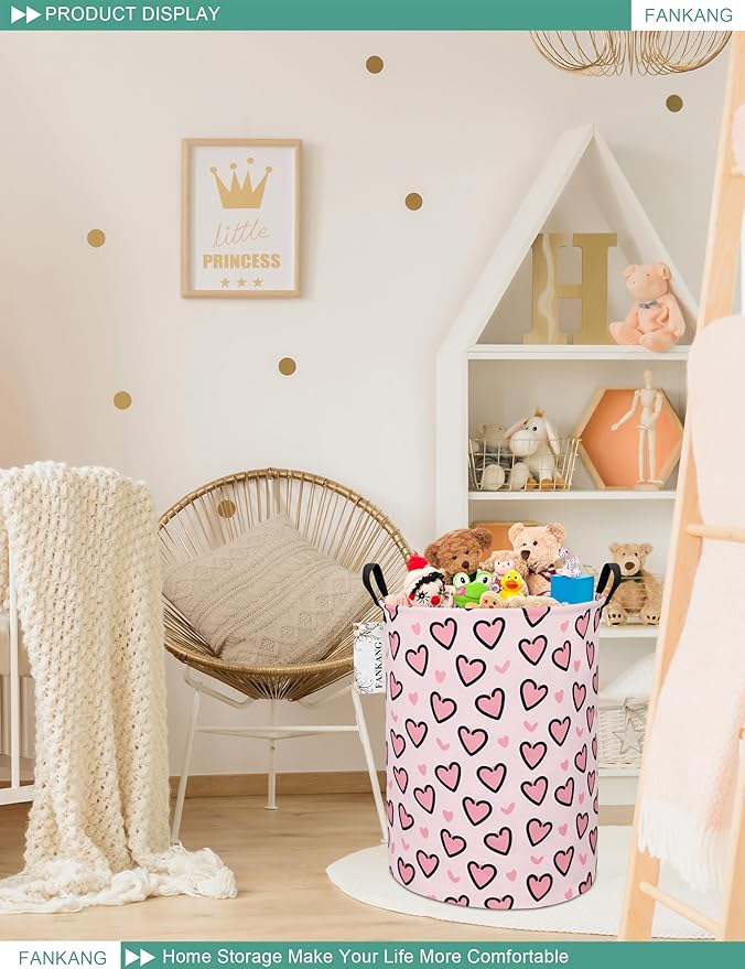 FANKANG Storage Basket, Nursery Hamper Canvas Laundry Basket Foldable with Waterproof PE Coating Large Storage Baskets for Kids Boys and Girls, Office, Bedroom, Clothes,Toys(Pink Love)