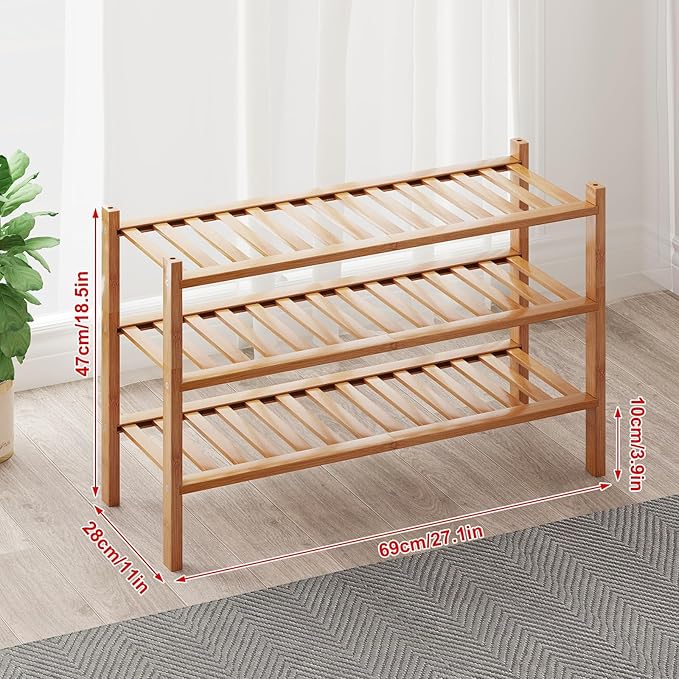 Bamboo Shoe Rack Organizer for Closet and Entryway - Space-Saving Narrow Shoe Stand - Versatile Shoe Holder for Door or Closet Shelf, Bedroom can Freely Stack DIY Small Shoe Racks 3 Tier Bamboo color-NeatNest