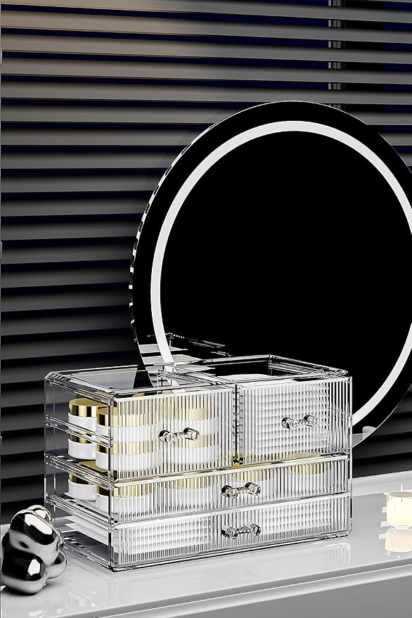 ZHIAI Stackable Storage Drawers, Acrylic Bathroom Counter Organizer Clear Makeup Organizers for Vanity, Kitchen Cabinets, Bathroom, Undersink, Home Organization and Storage (4 Drawers, Pattern D)-NeatNest