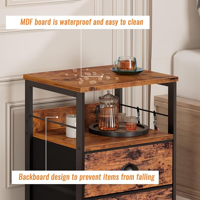Furologee Nightstands Set 2, Bedside Table with 2 Fabric Drawers, End Table with Hooks and Shelf, Side Table for Bedroom/Living Room/Study/Hallway/Brown
