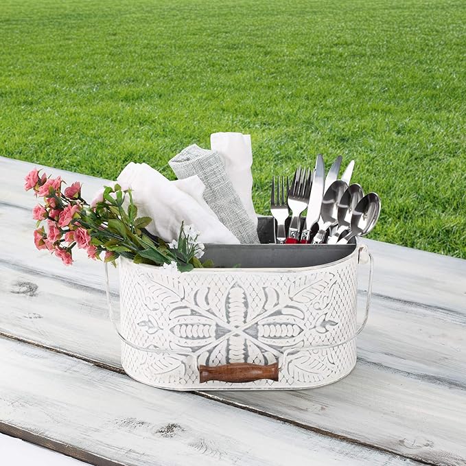 CRAFTSMAN ROAD Distressed White Metal Caddy – Farmhouse Galvanized Kitchen Organizer with Handle – Vintage Rustic Multi-Compartment Holder for Napkins, Plates, Cutlery, Flatware, Cleaning Supplies-NeatNest