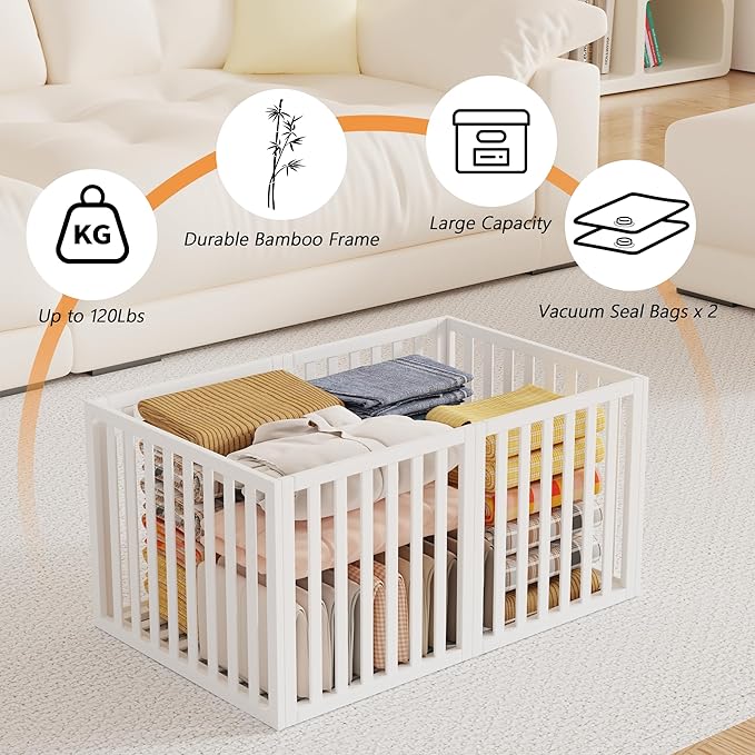 Bamboo Under Bed Storage Containers- Underbed Organizer with Wheels with Large Capacity Dust Bag,Sturdy Wood Rolling Under Bed Shoe Storage Organizer 2 Packs (White, 2 Packs Tall (25"×16"x12"))-NeatNest