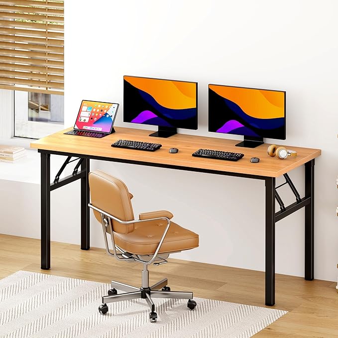 DlandHome Computer Desk 62 inches Office Desk Computer Table Study Writing Desk Workstation for Home Office Metal Frame Teak and Black-NeatNest
