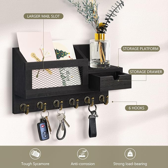 FifthQuarter Key and Mail Holder for Wall, Mail Organizer Wall Mount with 6 Hooks and Storage Drawer, Easy Installation Key Rack for Entryway and Home Decor (B-Black)