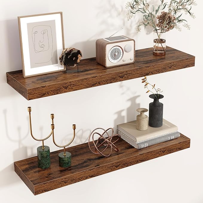 Floating Shelves for Wall, 24"W x 6.7"D x 1.4"H, 2 Pack of Long Wall Mounted Engineered Wood Shelves with Invisible Brackets for Living Room Bedroom Bathroom Kitchen Decor Storage, Rustic Brown-NeatNest