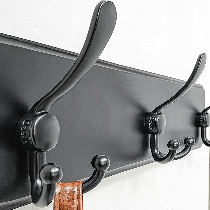 Dseap Coat Rack Wall Mounted - 5 Tri Hooks, Heavy Duty, Wooden Wall Coat Hanger Coat Hook for Clothes Hat Jacket Clothing, Black