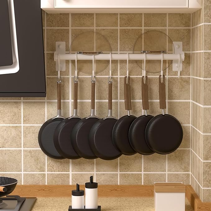 Dseap Kitchen Utensil Holder Hanger, Pot and Pan Rack Wall Mounted, Kitchen Rail with 8 Hooks for Hanging Cooking Utensils, Mugs, Spoons, Wall Mounted, White, Pack of 2-NeatNest