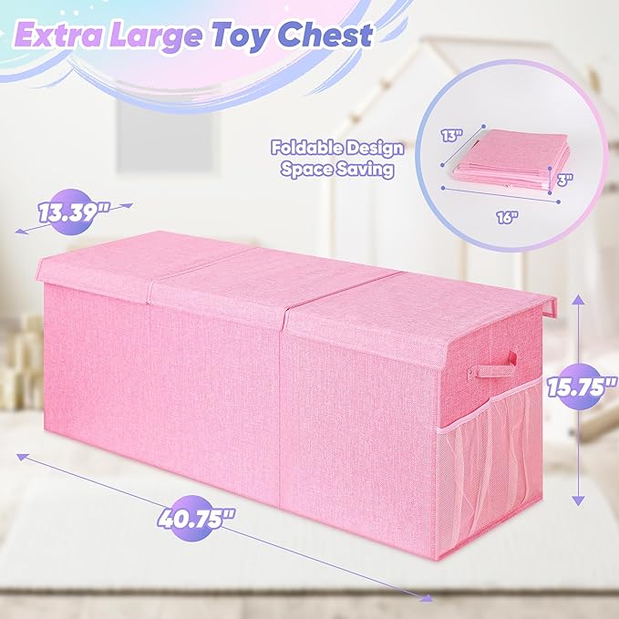 Extra Large Toy Box, Toybox for Kids Boys Girls, Collapsible Sturdy Toy Storage Organizer with Mesh Pockets, 40"x14"x16" Kids Storage Boxes Bins Baskets for Nursery, Playroom, Pink