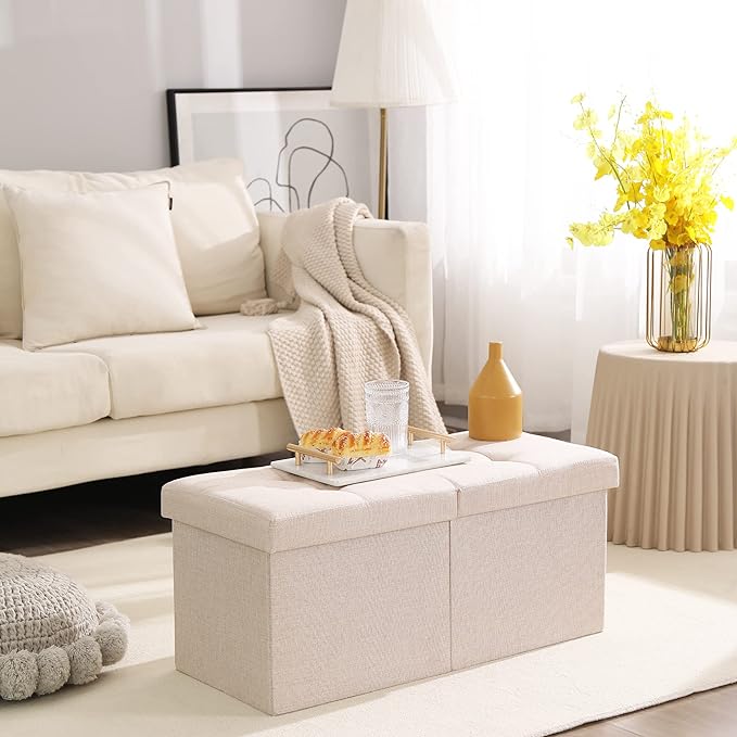 Cuyoca Foldable Seat Footrest Shoe Bench End of Bed Storage with Flipping Lid, 75L Storage Space, 30 inches Linen Fabric Beige-NeatNest